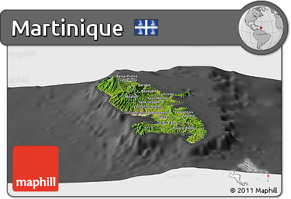 Satellite Panoramic Map of Martinique, darken, desaturated