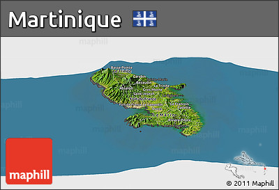 Satellite Panoramic Map of Martinique, darken, desaturated, land only