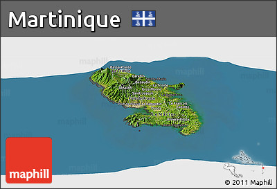 Satellite Panoramic Map of Martinique, darken, semi-desaturated, land only