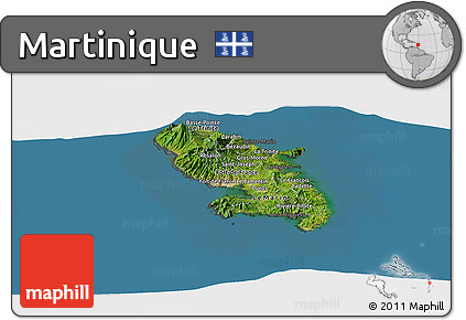 Satellite Panoramic Map of Martinique, darken, semi-desaturated, land only