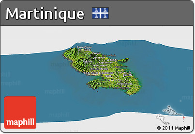 Satellite Panoramic Map of Martinique, darken, semi-desaturated, land only
