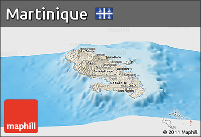 Shaded Relief Panoramic Map of Martinique, darken, semi-desaturated, land only