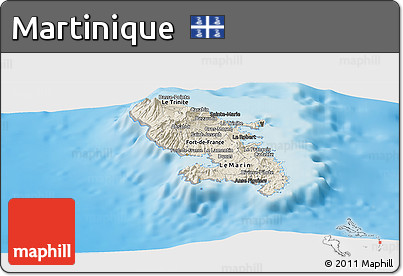 Shaded Relief Panoramic Map of Martinique, darken, semi-desaturated, land only