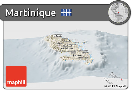 Shaded Relief Panoramic Map of Martinique, lighten, semi-desaturated