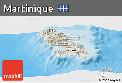 Shaded Relief Panoramic Map of Martinique, lighten, semi-desaturated, land only