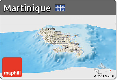 Shaded Relief Panoramic Map of Martinique, lighten, semi-desaturated, land only