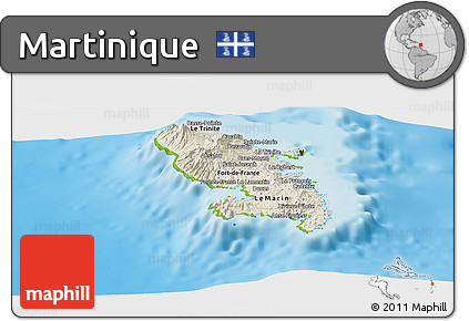 Shaded Relief Panoramic Map of Martinique, physical outside