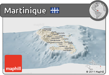 Shaded Relief Panoramic Map of Martinique, semi-desaturated