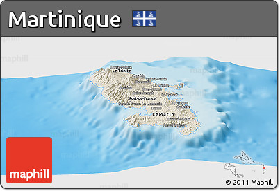 Shaded Relief Panoramic Map of Martinique, semi-desaturated, land only