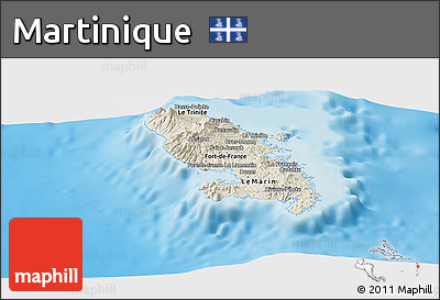 Shaded Relief Panoramic Map of Martinique, single color outside