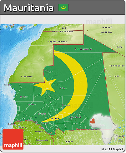 Flag 3D Map of Mauritania, physical outside, bathymetry sea, flag aligned to the middle