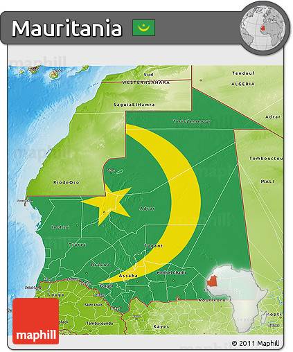 Flag 3D Map of Mauritania, physical outside, flag aligned to the middle