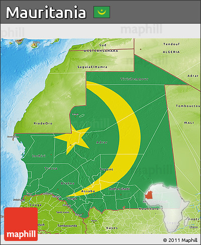 Flag 3D Map of Mauritania, physical outside, flag aligned to the middle