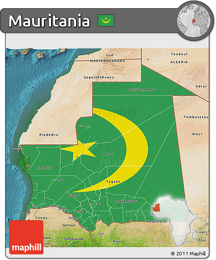 Flag 3D Map of Mauritania, satellite outside, flag rotated