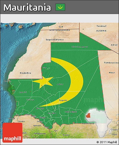 Flag 3D Map of Mauritania, satellite outside, flag rotated