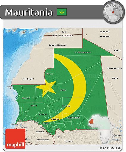 Flag 3D Map of Mauritania, shaded relief outside, bathymetry sea, flag aligned to the middle