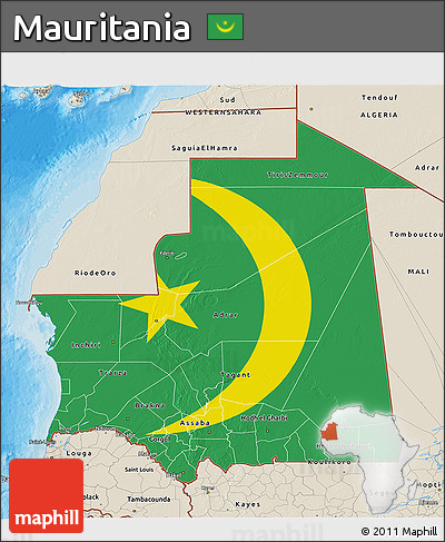 Flag 3D Map of Mauritania, shaded relief outside, bathymetry sea, flag aligned to the middle