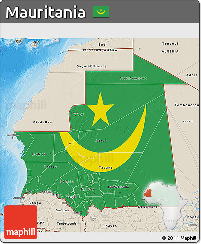 Flag 3D Map of Mauritania, shaded relief outside, bathymetry sea