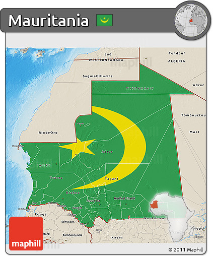 Flag 3D Map of Mauritania, shaded relief outside, flag rotated