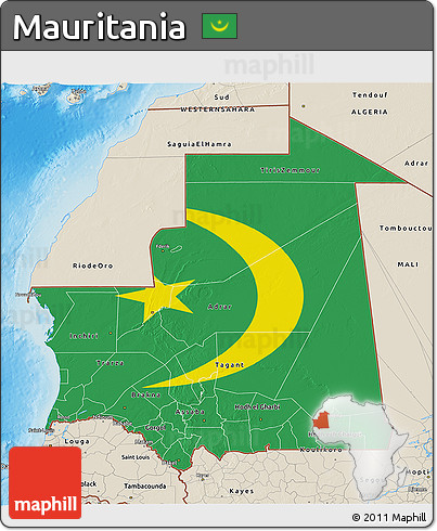 Flag 3D Map of Mauritania, shaded relief outside, flag rotated