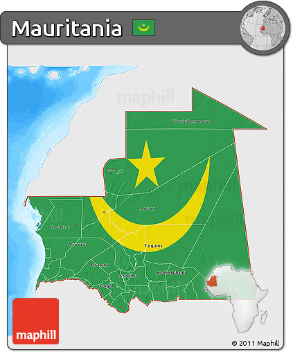 Flag 3D Map of Mauritania, single color outside, bathymetry sea