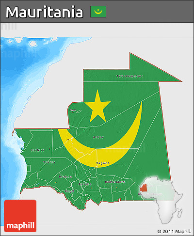 Flag 3D Map of Mauritania, single color outside, bathymetry sea