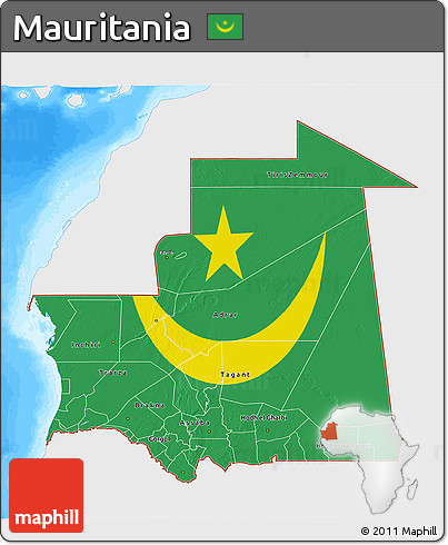 Flag 3D Map of Mauritania, single color outside, bathymetry sea