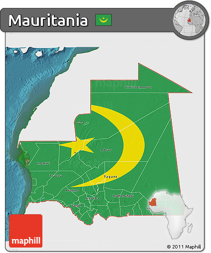 Flag 3D Map of Mauritania, single color outside, satellite sea, flag rotated