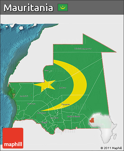 Flag 3D Map of Mauritania, single color outside, satellite sea, flag rotated
