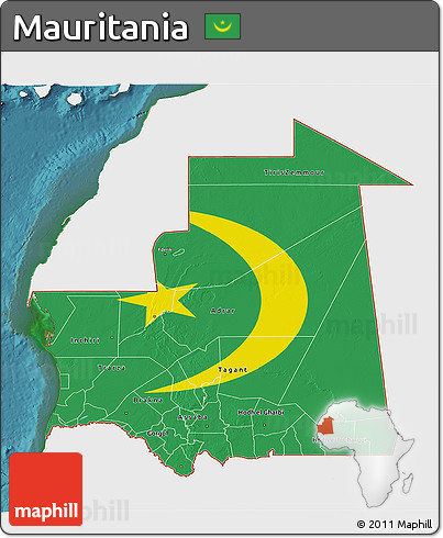 Flag 3D Map of Mauritania, single color outside, satellite sea, flag rotated