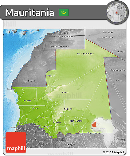 Physical 3D Map of Mauritania, desaturated, land only