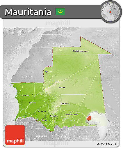 Physical 3D Map of Mauritania, lighten, desaturated