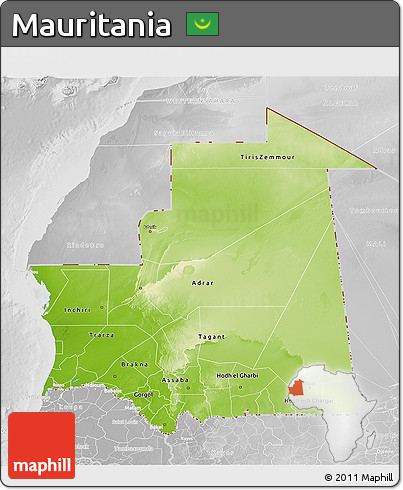Physical 3D Map of Mauritania, lighten, desaturated