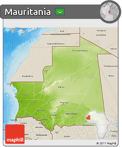 Physical 3D Map of Mauritania, shaded relief outside