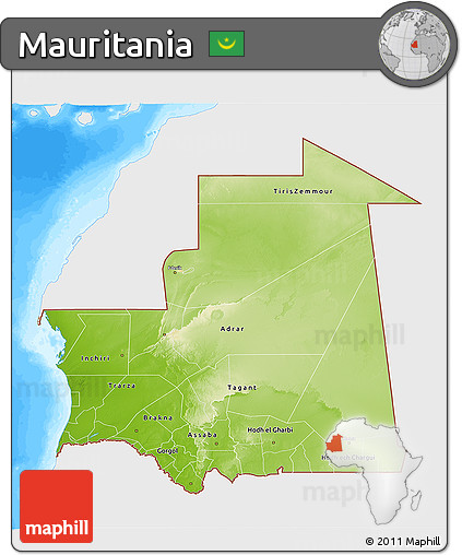Physical 3D Map of Mauritania, single color outside, bathymetry sea