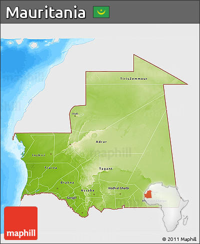 Physical 3D Map of Mauritania, single color outside, bathymetry sea