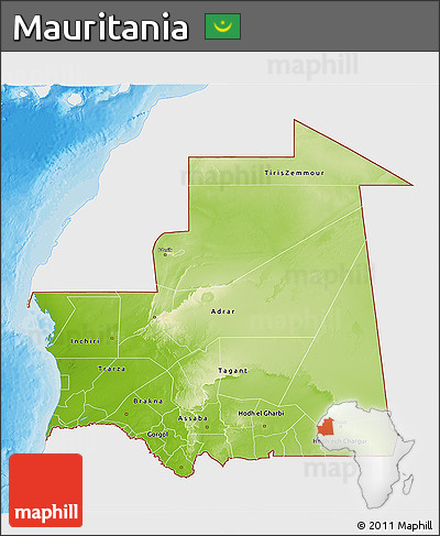 Physical 3D Map of Mauritania, single color outside, bathymetry sea, shaded relief sea