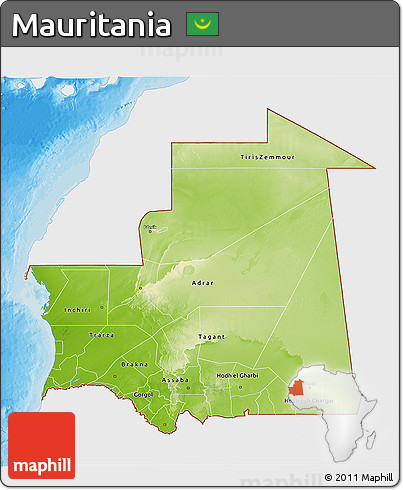 Physical 3D Map of Mauritania, single color outside, bathymetry sea, shaded relief sea