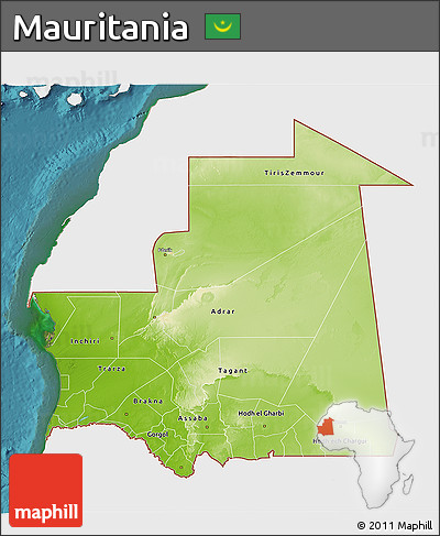 Physical 3D Map of Mauritania, single color outside, satellite sea