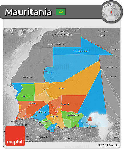 Political 3D Map of Mauritania, desaturated