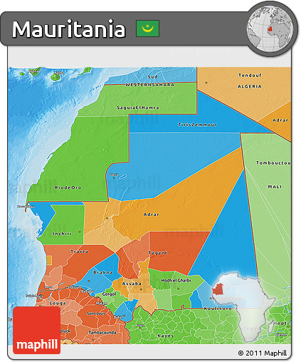 Political 3D Map of Mauritania, political shades outside