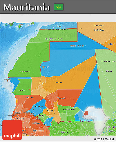 Political 3D Map of Mauritania, political shades outside