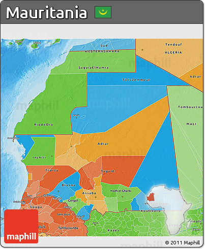 Political 3D Map of Mauritania, political shades outside