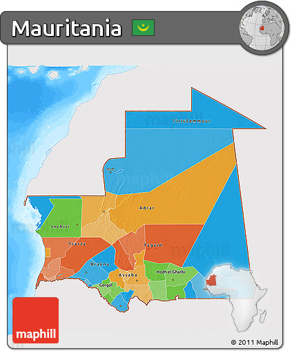 Political 3D Map of Mauritania, single color outside, bathymetry sea