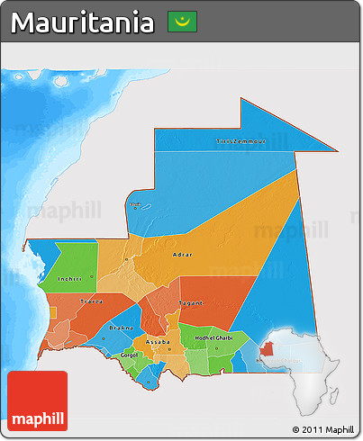 Political 3D Map of Mauritania, single color outside, bathymetry sea