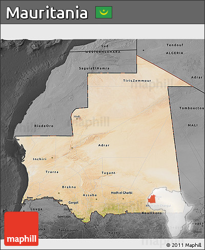 Satellite 3D Map of Mauritania, darken, desaturated