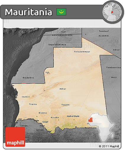 Satellite 3D Map of Mauritania, darken, desaturated
