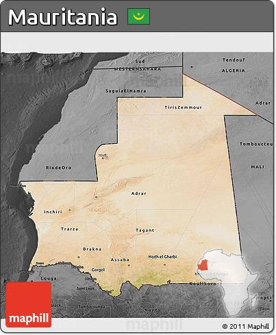 Satellite 3D Map of Mauritania, darken, desaturated