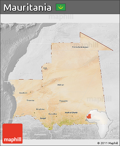 Satellite 3D Map of Mauritania, lighten, desaturated