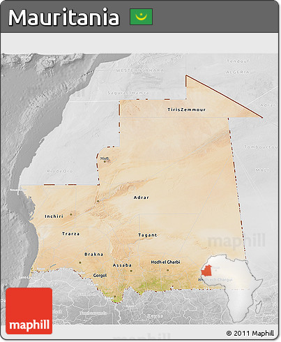 Satellite 3D Map of Mauritania, lighten, desaturated